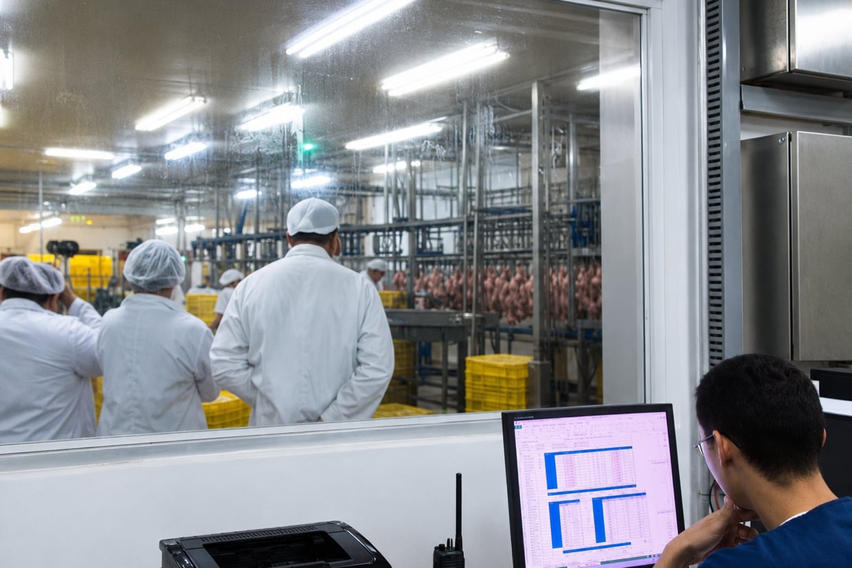 Un operario sigue la producción en su monitor desde el puesto de control y, al otro lado del ventanal, el personal de bata blanca trabaja en la sala de proceso con la línea corriendo detrás