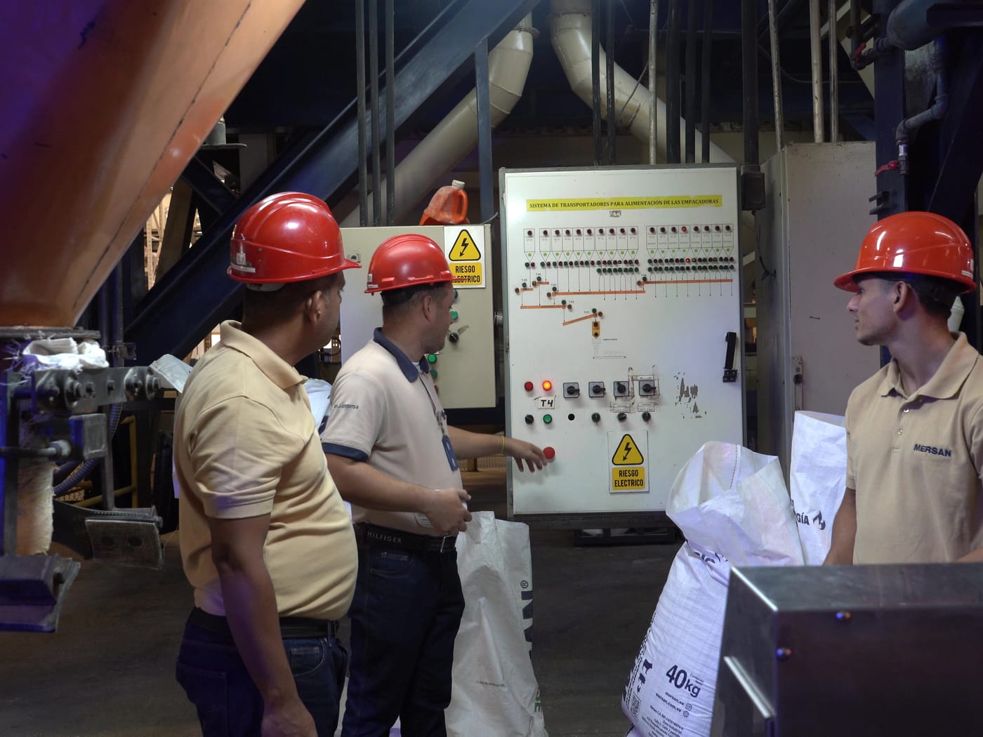 Tres operarios de la planta, con casco, junto al tablero de control del sistema de transportadores, bajo la tolva y entre sacos de alimento
